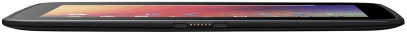 Close-up side view of a black tablet showing center port and connector pins; screen displays app icons on a gradient background.