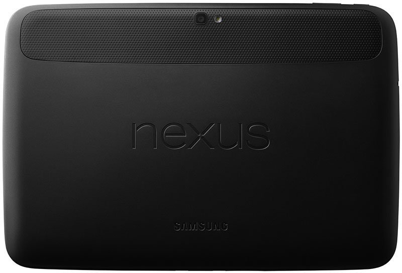 Rear view of Samsung Nexus tablet, black finish, "nexus" centered, "samsung" at bottom, camera and textured top section.