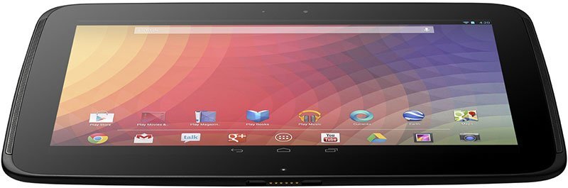 Black tablet, landscape view, front display with radial gradient wallpaper and app icons on the home screen. Brand/model not specified.