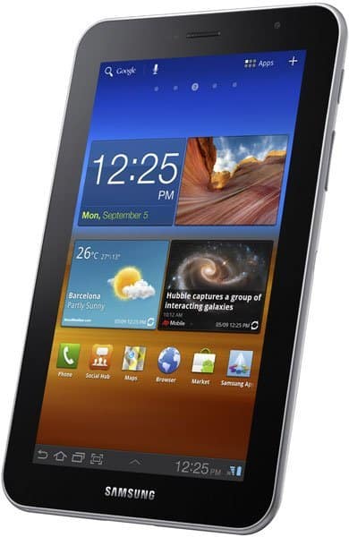 Front view of Samsung Galaxy Tab showing 12:25 PM, Barcelona weather, app icons, colorful widgets on the display.