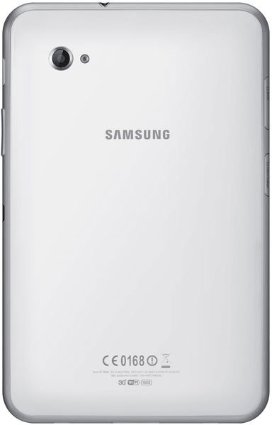 Samsung Galaxy Tab rear view, white color, center Samsung logo, top-left rear camera, certification info at the bottom.