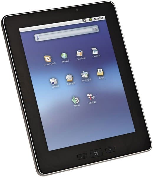 Front view of a black tablet showing app icons and 8:39 PM on screen; brand/model not identifiable from display.