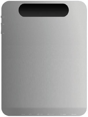 Front view of a Samsung Galaxy Tab with a large black top display and subtle bottom edge buttons on a metallic frame.