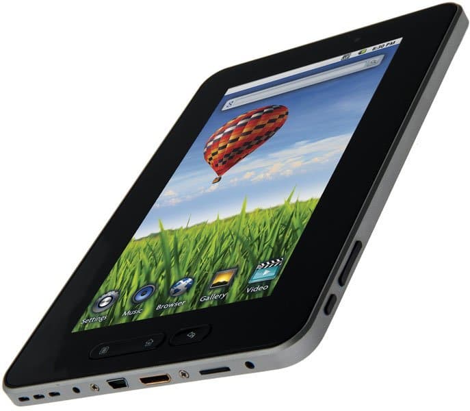 Front view of a black and silver tablet showing a hot air balloon on screen with settings, music, browser, gallery, and video apps.