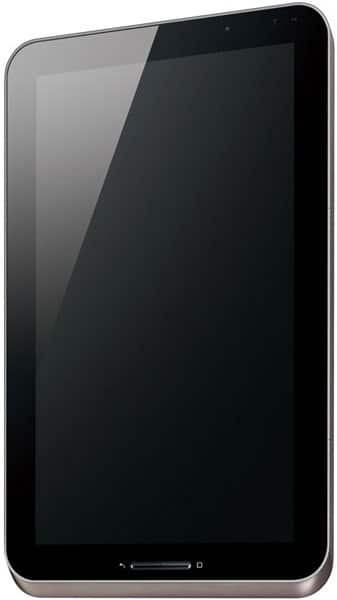 Front and left edge view of a black touchscreen tablet with a blank screen, displayed on a white background.