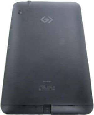 Rear view of black tablet with “G7” logo at top center, speaker grille in upper left, and regulatory markings at the bottom.