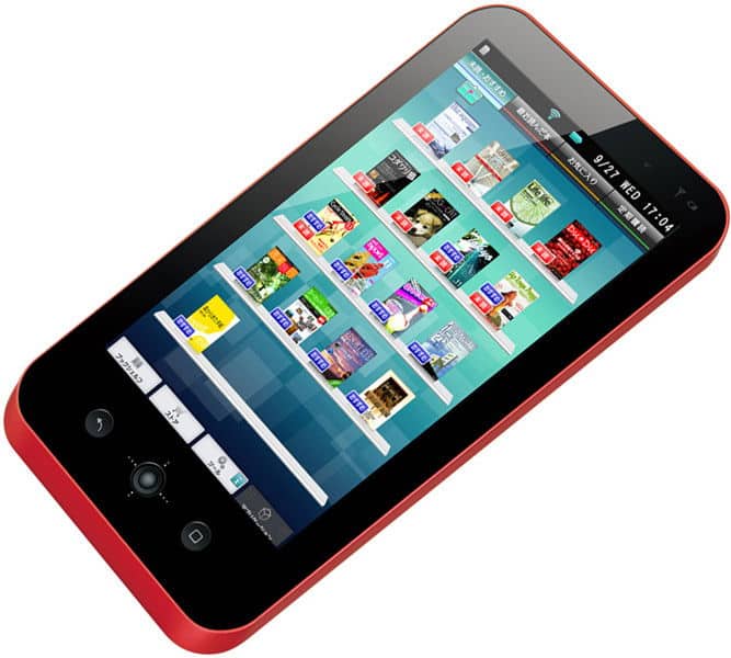 Red smartphone at a front-side angle displaying a digital bookshelf of e-books and magazines on its touchscreen.
