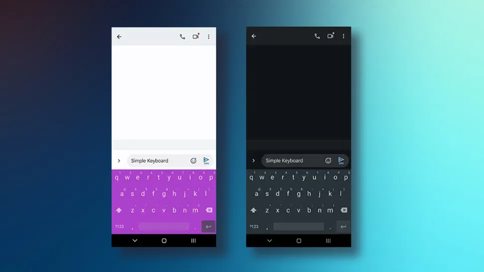 Front view of two smartphones running Simple Keyboard: one with white and purple keys, the other in dark mode layout.