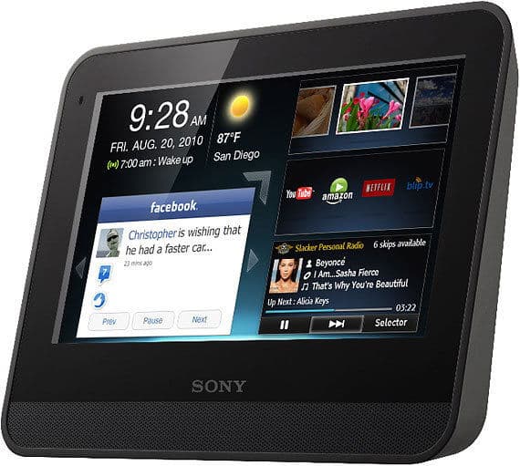 Front view of a Sony device showing time, date, weather, notifications, apps, and music info on the home screen.