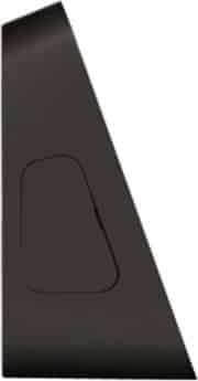 Rear view of a black triangular plastic item with a rectangular indent and two circular marks; smooth, matte finish.