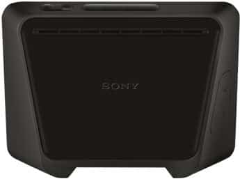 Front view of a black Sony device with curved edges, buttons and vents visible on the top and side of the rectangular body.