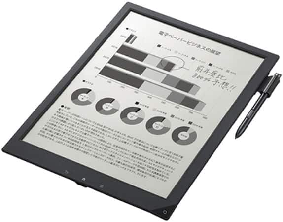 Front view of a black e-ink tablet showing charts with Japanese text, stylus on the right edge, and bottom navigation buttons visible.