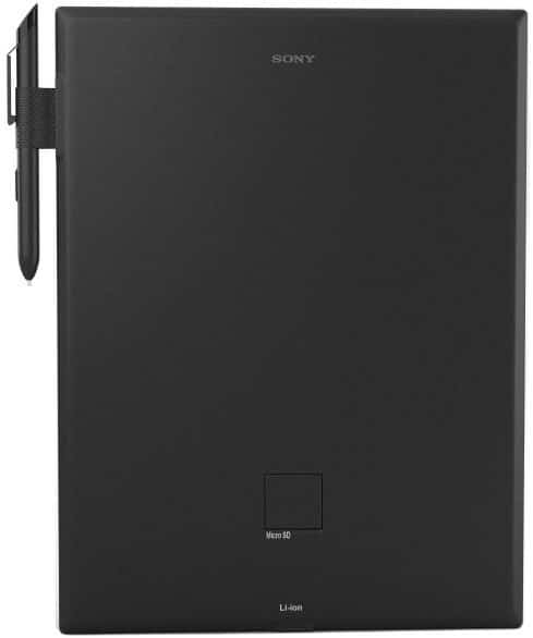 Rear view of a black Sony e-reader with stylus attached left, showing Micro SD card slot and Li-Ion label at the bottom.