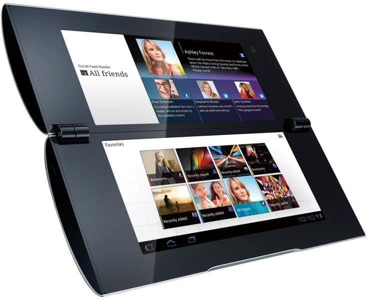 Front view of Microsoft Surface Duo opened flat, showing social feed on top screen and media gallery on bottom; black finish.