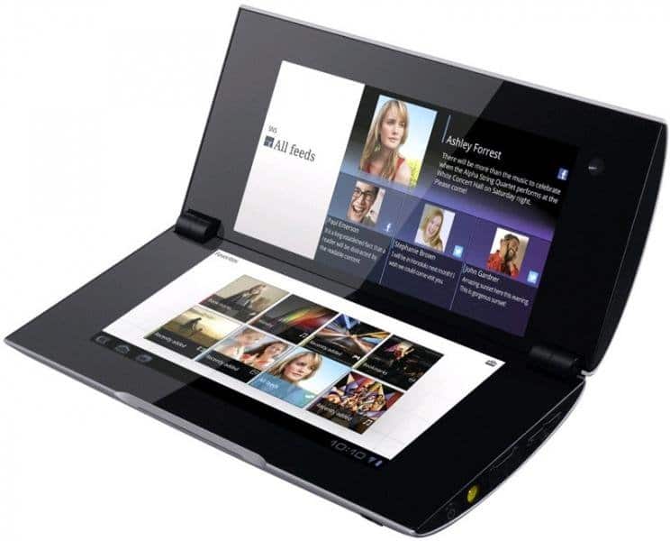 Microsoft Surface Duo open, front view; top screen shows image feed, bottom displays media grid, black bezel with center hinge.