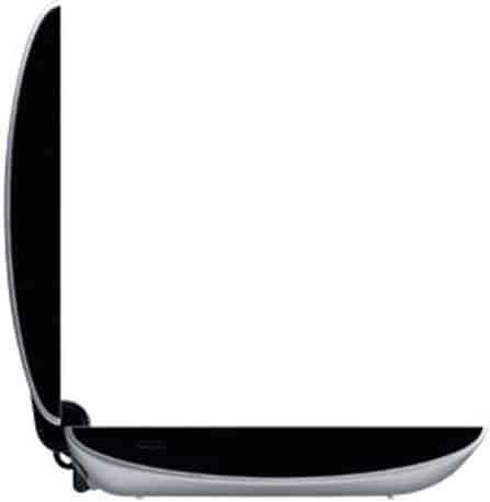Side view of a black and silver laptop, screen open at 90 degrees; resembles the letter L. Brand/model not specified.