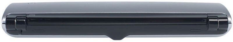 Rear view of a closed black laptop, hinge and back edge visible; no branding or ports are shown. Brand and model not identifiable.