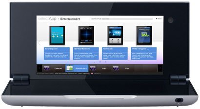 Front close-up of a Samsung Galaxy Z Fold showing entertainment app icons and descriptions on its unfolded widescreen display.
