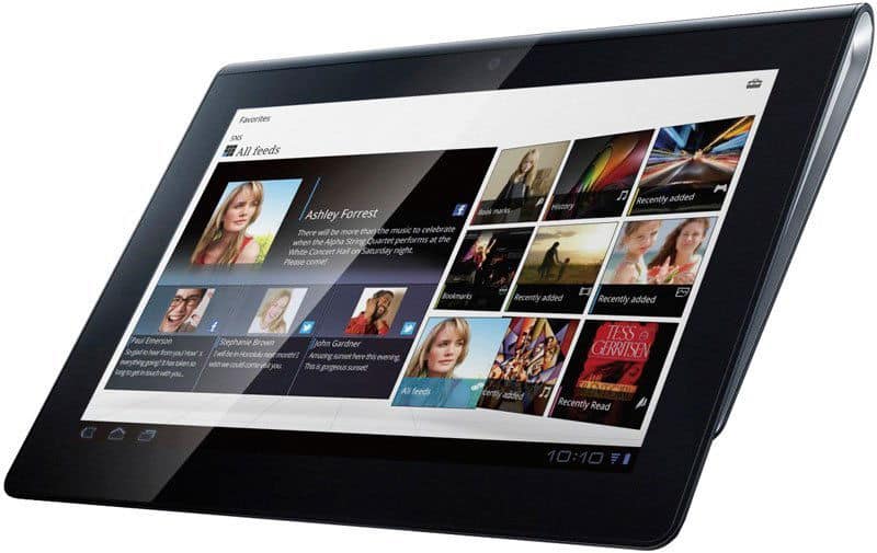 Black tablet at a three-quarter angle, front display on, grid layout of apps and media visible; screen time reads 10:10.