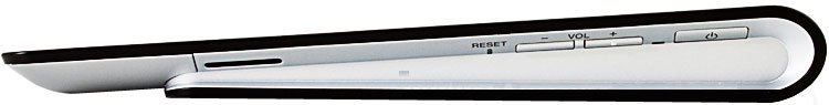 Side view of a slim tablet in black and silver with RESET, VOL -, VOL +, power buttons, and a small slot on the edge.