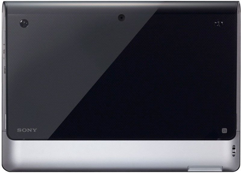 Rear view of a Sony laptop showing a black back, silver edges, camera at top center, and Sony logo in the lower left.