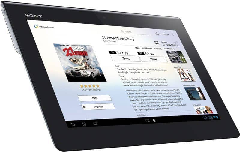 Front view of a black Sony tablet showing "21 Jump Street" rental screen with buy/rent options, cast, preview, and related movies.