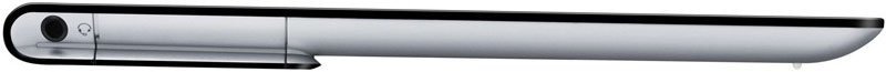 Close-up side view of a slim metallic tablet, showing camera lens and volume buttons; black accent along the edge. Brand unspecified.
