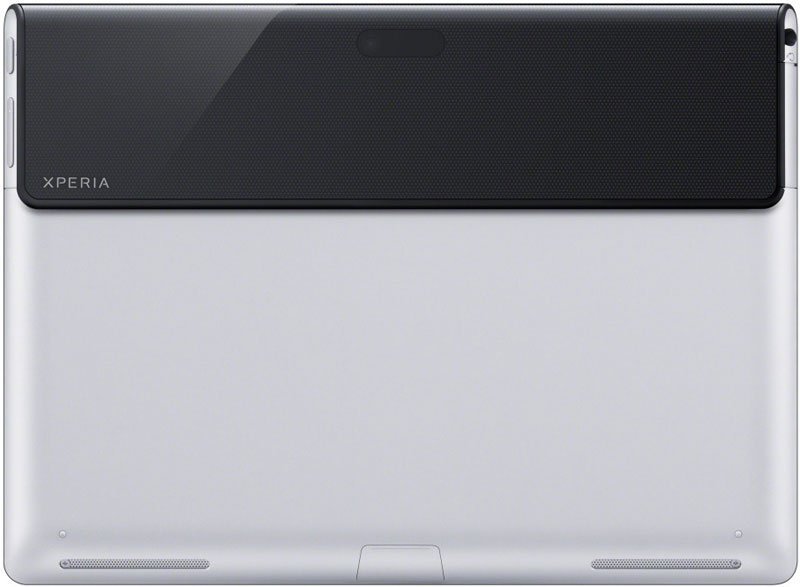 Rear view of silver Sony Xperia tablet; black top section with rear camera and Xperia logo on the left.