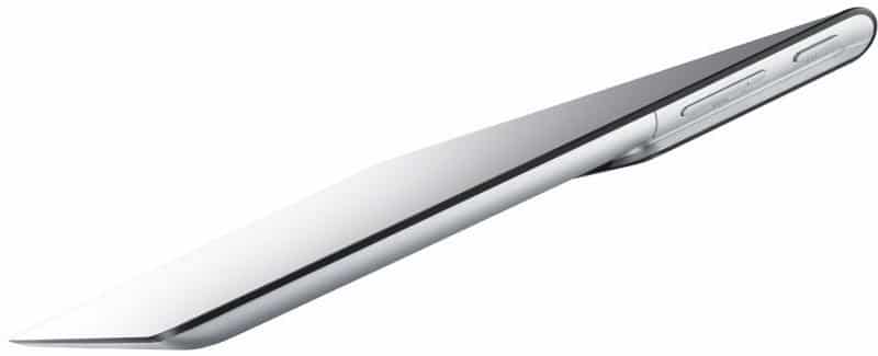 Angled side view of a slim, modern tablet with metallic frame and visible side buttons; brand and model not specified.