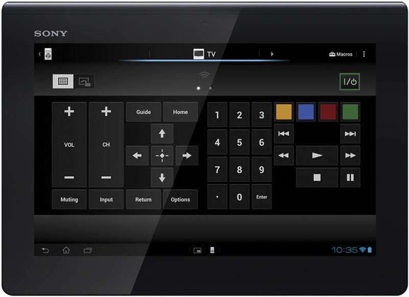 Front view of Sony tablet showing a remote control interface with volume, channel, number pad, and playback controls onscreen.