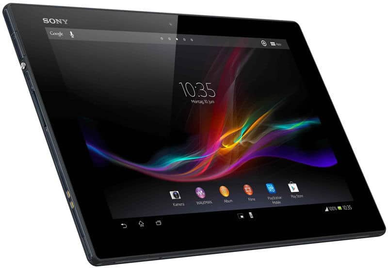 Sony Xperia Tablet, black, angled front view showing home screen, colorful wallpaper, app icons, and time 10:35.