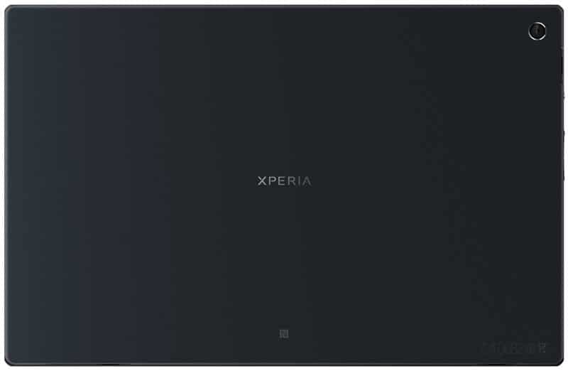 Rear view of black Sony Xperia tablet showing single top-right rear camera and centered "Xperia" branding on back.