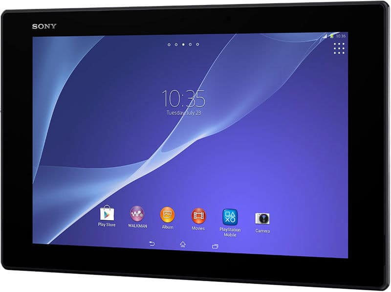 Front view of Sony Xperia tablet showing home screen at 10:35 with app icons for Play Store, Album, Movies, PlayStation Mobile, and Camera.