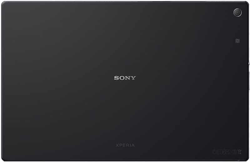 Rear view of Sony Xperia tablet showing centered Sony logo, top right camera, and Xperia branding at the bottom.