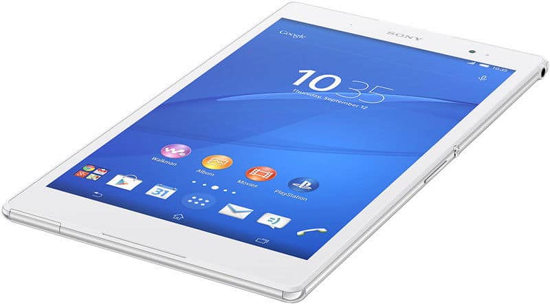 White Sony Xperia Tablet angled, front view; blue home screen with app icons, time 10:35, date Thursday, September 13.