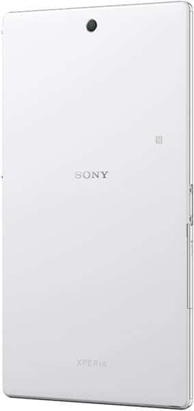Sony Xperia tablet rear view; white finish, centered top camera, Sony logo mid-back, Xperia branding near bottom; slim profile.