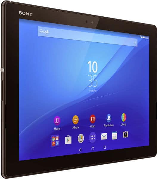 Front view of black Sony Xperia tablet showing blue home screen at 10:35 with app icons for Music, Album, Video, and PlayStation.