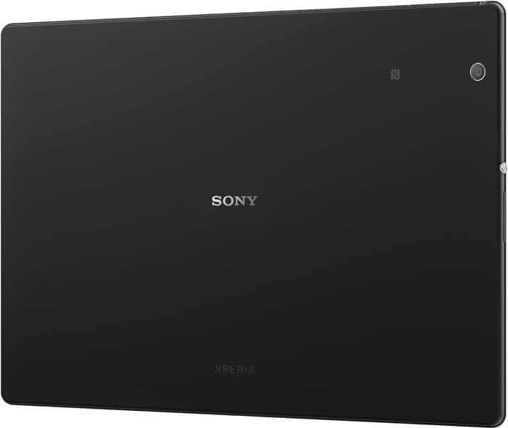 Rear view of black Sony Xperia tablet showing centered Sony logo, top right rear camera, and NFC symbol near the upper edge.