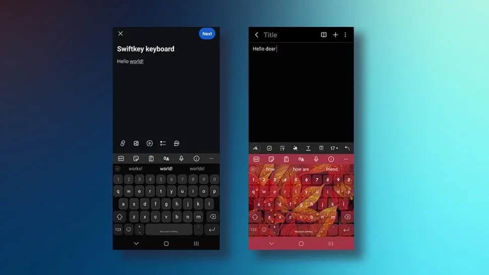Front view of two smartphones showing note apps with open keyboards: left in dark theme, right with red autumn leaf background.