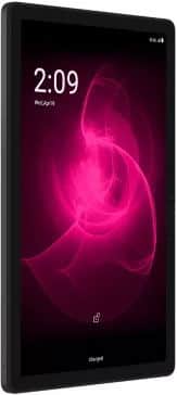 Front view of black Samsung Galaxy Tab with pink abstract lock screen, time 2:09, date Wed, Apr 19, and lock icon displayed.