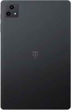 Rear view of a black T-Mobile tablet shows dual-lens camera and flash in top left; faint T-Mobile logo centered on back.