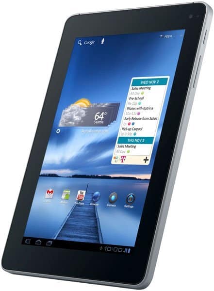 Front view of a black tablet, possibly Samsung Galaxy Tab, displaying weather, calendar, and app icons on a water-themed home screen.