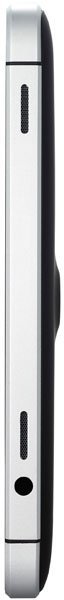 Side view of Apple iPad showing silver edge, dual speaker grilles, round power button, and raised black camera bump on right.
