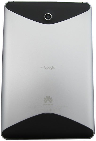 Rear view of Huawei tablet; silver finish, black top/bottom accents, center rear camera, “with Google” and Huawei logos.
