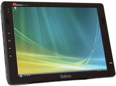 Front view of a black Sahara Slate PC tablet running Windows Vista, with side control buttons and desktop icons visible.