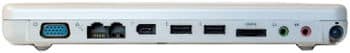 Rear view of laptop with VGA, Ethernet, USB, HDMI, mic jack, headphone jack, and power input ports; brand/model not specified.