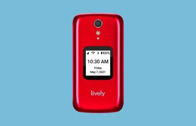 Front view of a red Lively flip phone showing external display, camera, LED flash, and branding on a plain blue background.