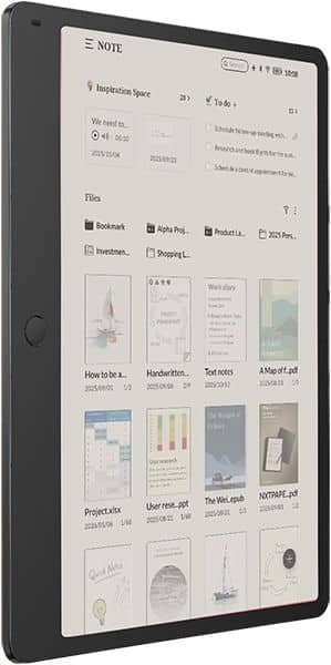 Front view of a black e-ink tablet (likely reMarkable 2) showing organizer interface with folders, to-do list, and PDFs.