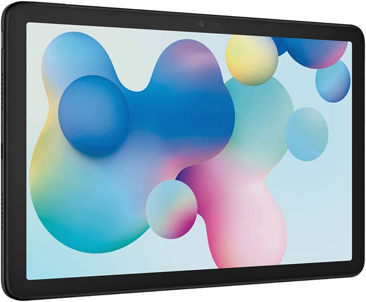 Samsung Galaxy Tab S9, black, front left angle view showing a colorful abstract bubbles display on the screen.