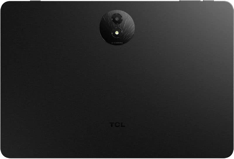 Rear view of black TCL tablet with single top-center camera and flash, TCL logo near bottom; model unspecified.